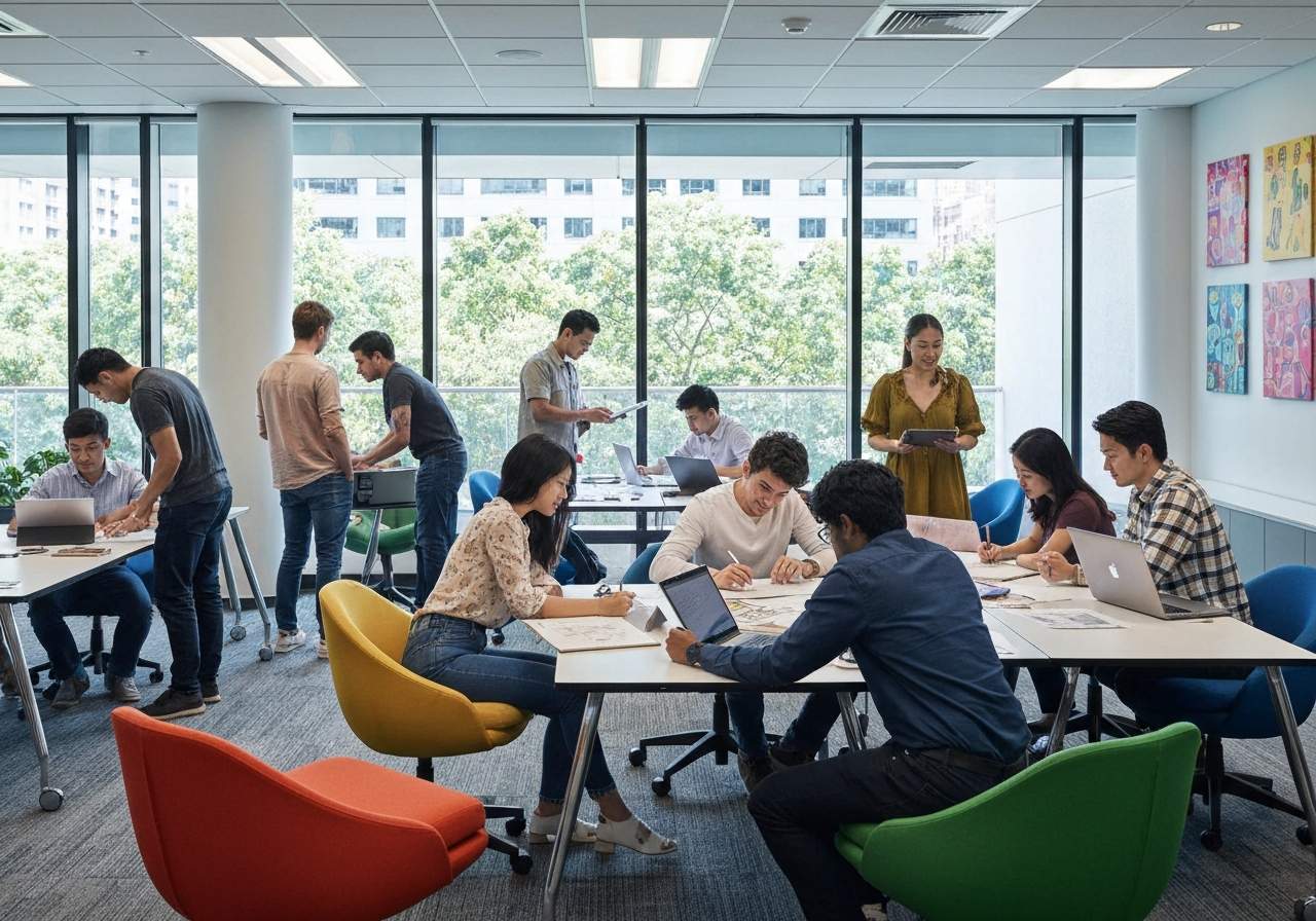 Aula di design contemporanea con studenti che lavorano in gruppo su un progetto