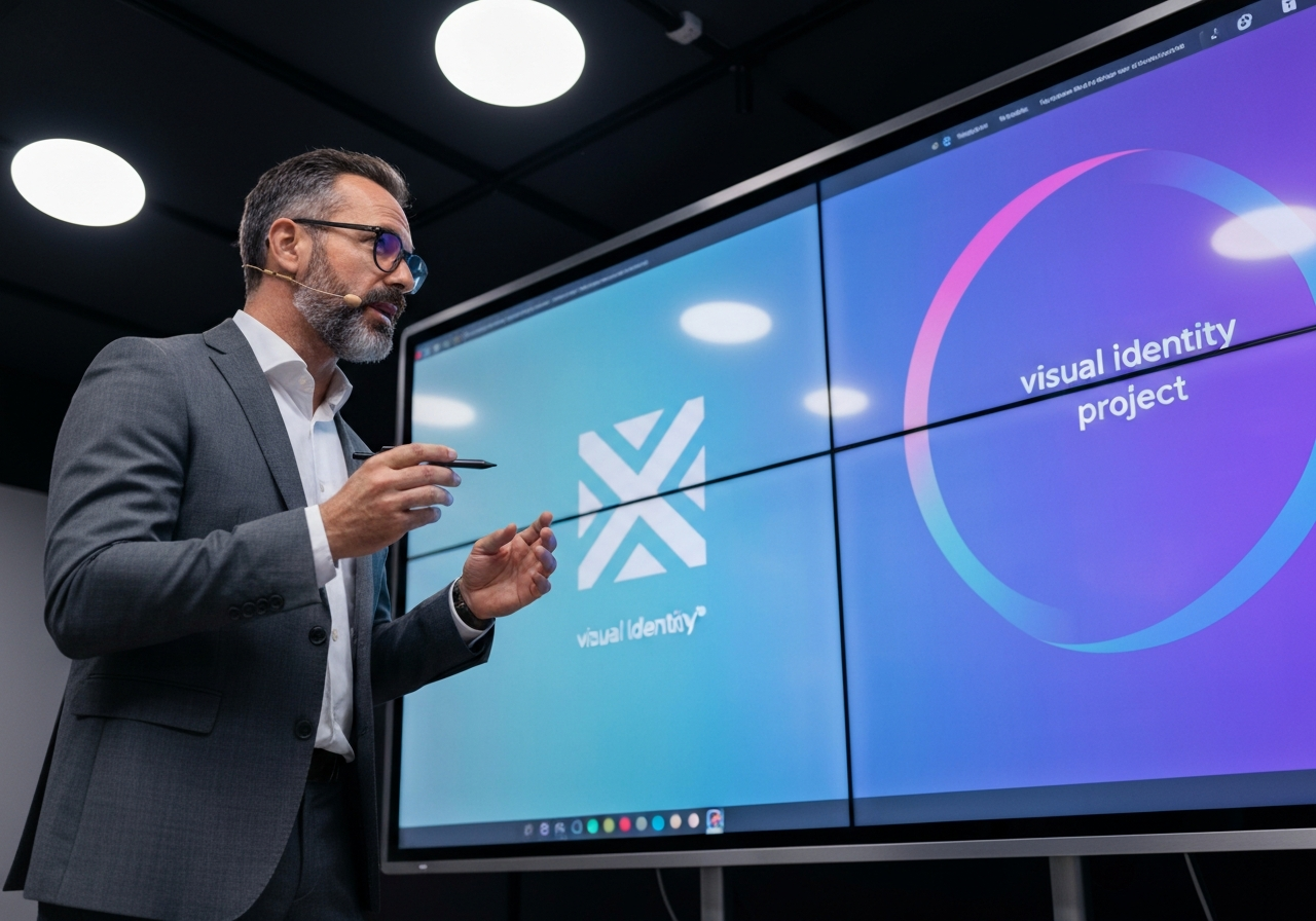 Designer che presenta un progetto di identità visiva su un grande schermo