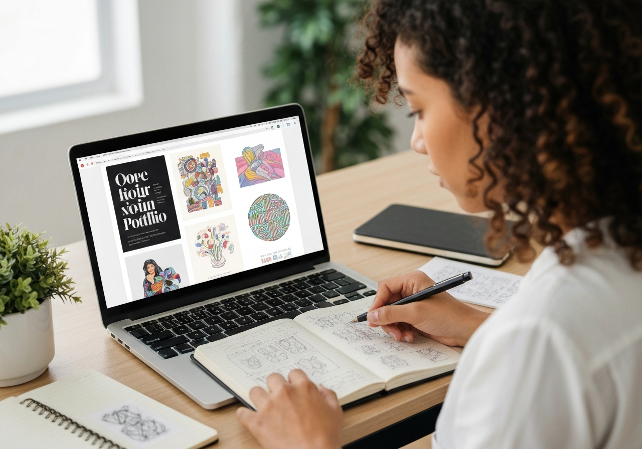 Persona che organizza il proprio portfolio di design su laptop e taccuino