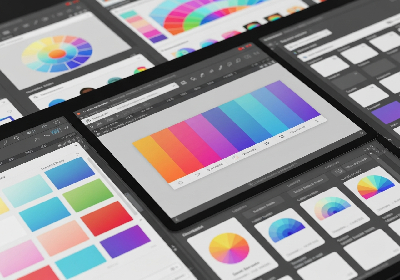 Schermo di computer con interfacce grafiche, palette colori e strumenti di design aperti